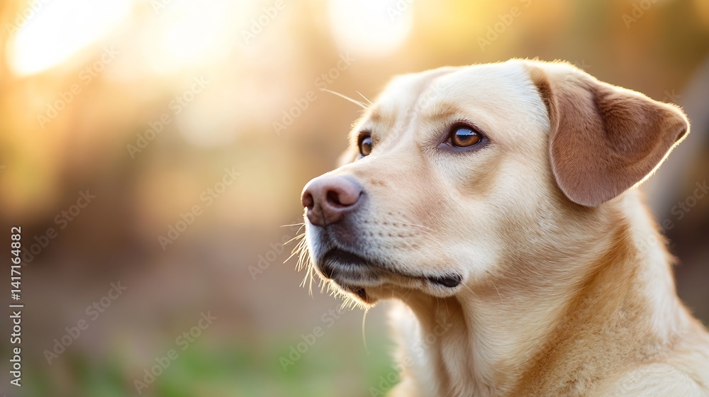 Poster profile of a labrador retriever dog surrounded by soft natural light in a serene environment : gener
