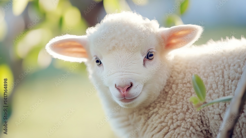 Poster cute smiling baby sheep looking curiously at the camera in a sunny meadow setting : generative ai