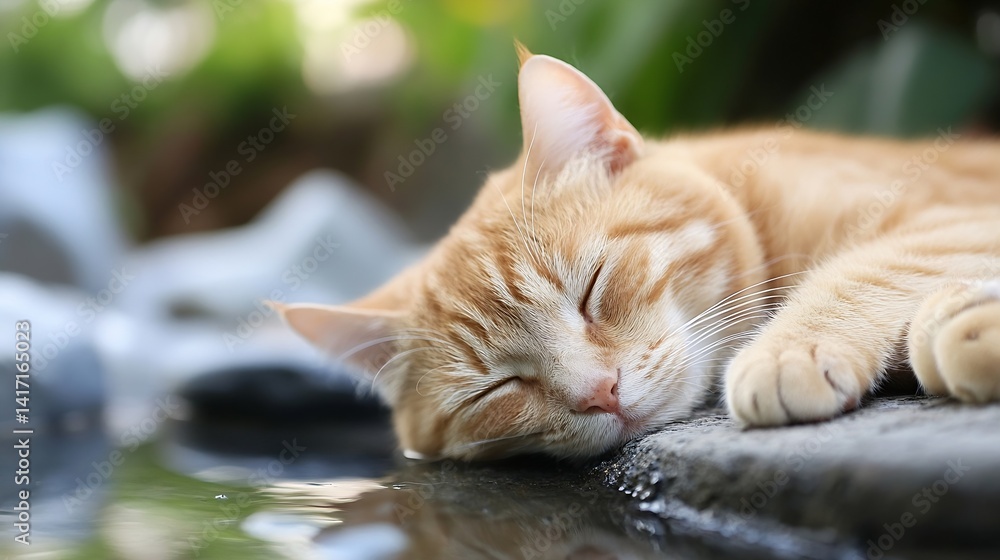 Poster charming orange cat sleeping peacefully by the water with relaxing natural setting : generative ai