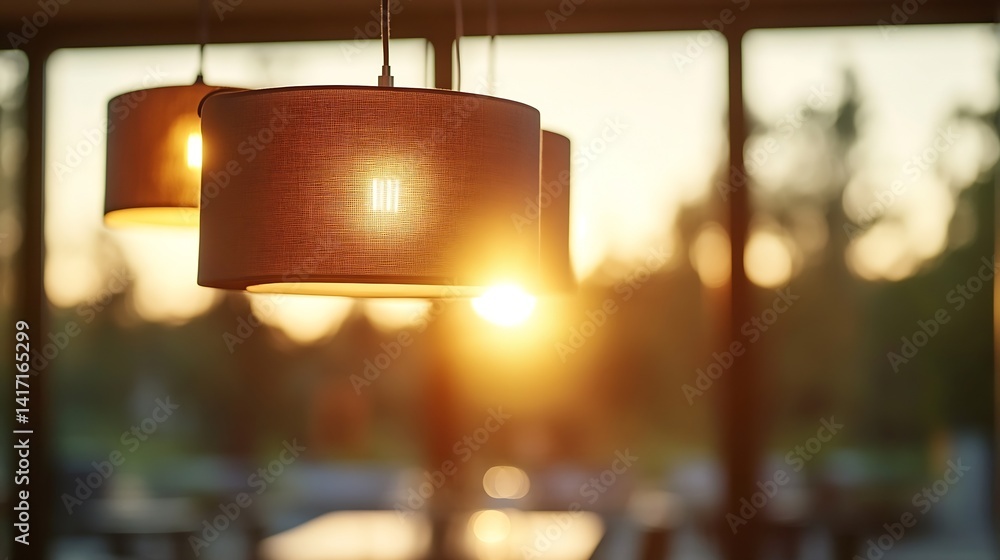 Poster stylish pendant lights illuminating a modern cafe with warm glow during golden hour in a cozy settin