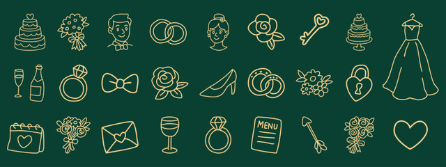 gold wedding icons set with romantic symbols, celebration elements, and marriage essentials