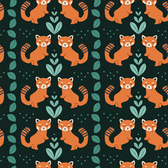 Obraz premium Cute red panda and leaf pattern background for textile and wallpaper design.