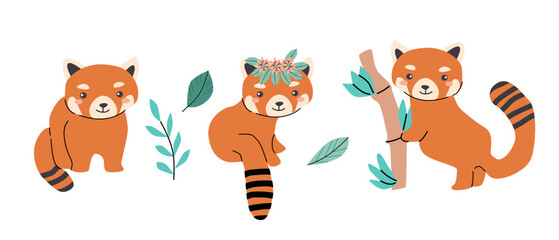 Obraz premium Cute red panda illustrations with leaves and floral elements for nature-themed designs.