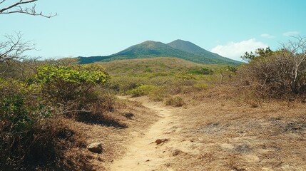Naklejka premium Serene Island Trail Leading to Majestic Mountains