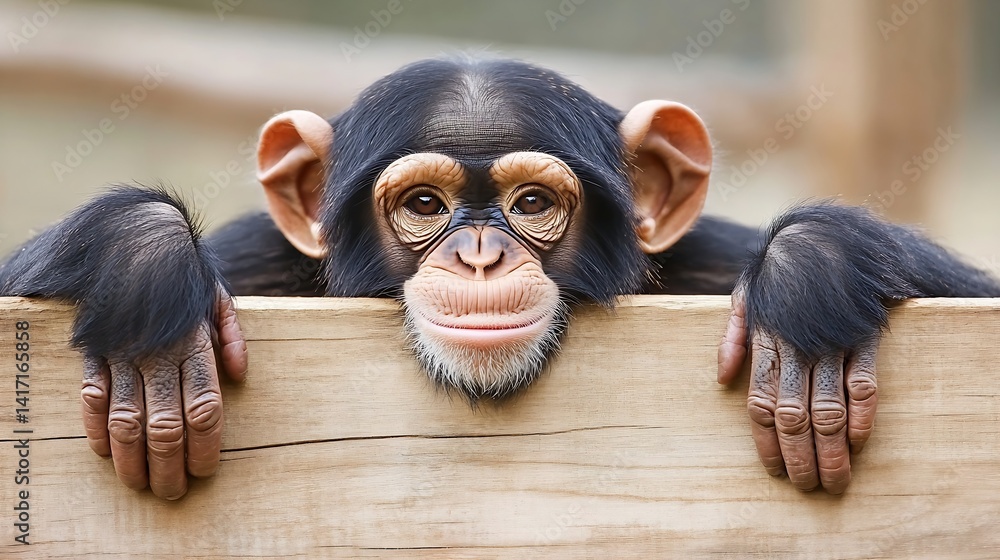 Poster close up of monkey face with expressive eyes leaning on wooden surface : generative ai