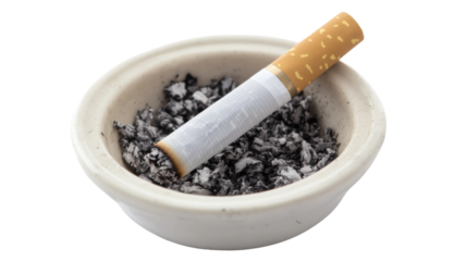 Lit cigarette resting on ashtray filled with ash on transparent background