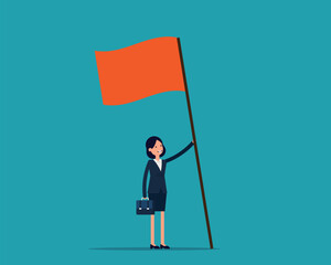 Business person raising winning flag with triumph and proud
