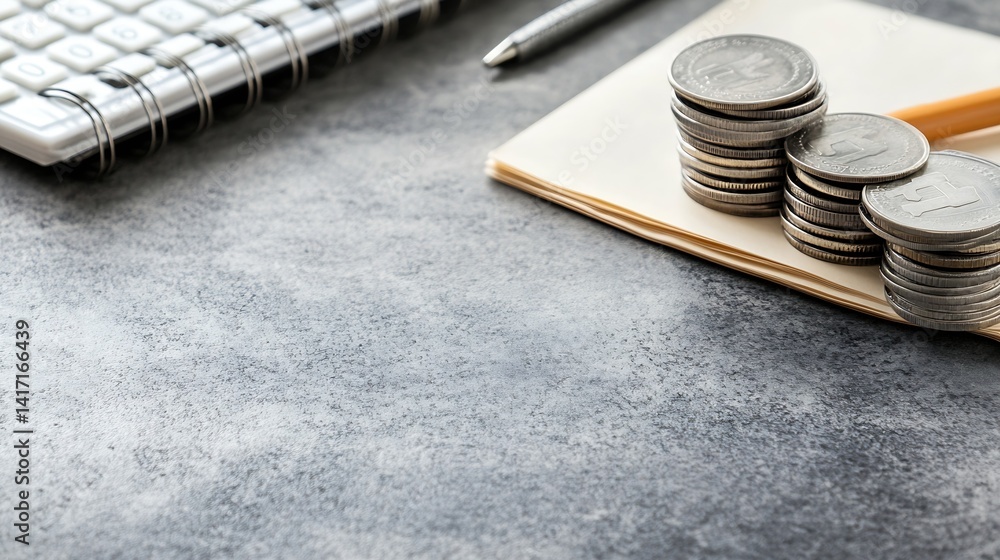 Poster Close up of stacked coins on a notepad and calculator on a textured workspace for finance concepts : Generative AI