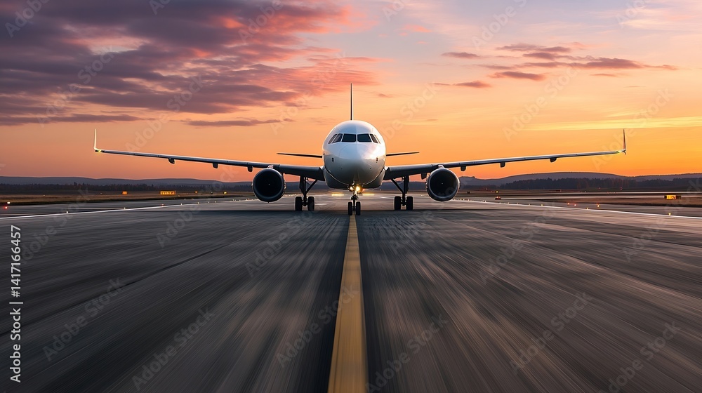 Poster passenger airplane on runway at sunset with dramatic clouds and colors : generative ai