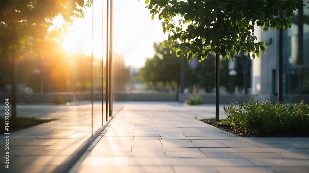 Leinwandbilder sunlight streaming through urban pathway surrounded by trees and reflective surfaces : generative ai