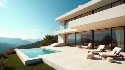 Fototapeta premium Gorgeous house with sparkling pool in a surreal cinematic setting surrounded by lush nature and vibrant colors