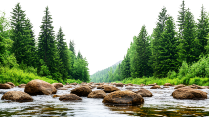River flowing through forest with transparent background