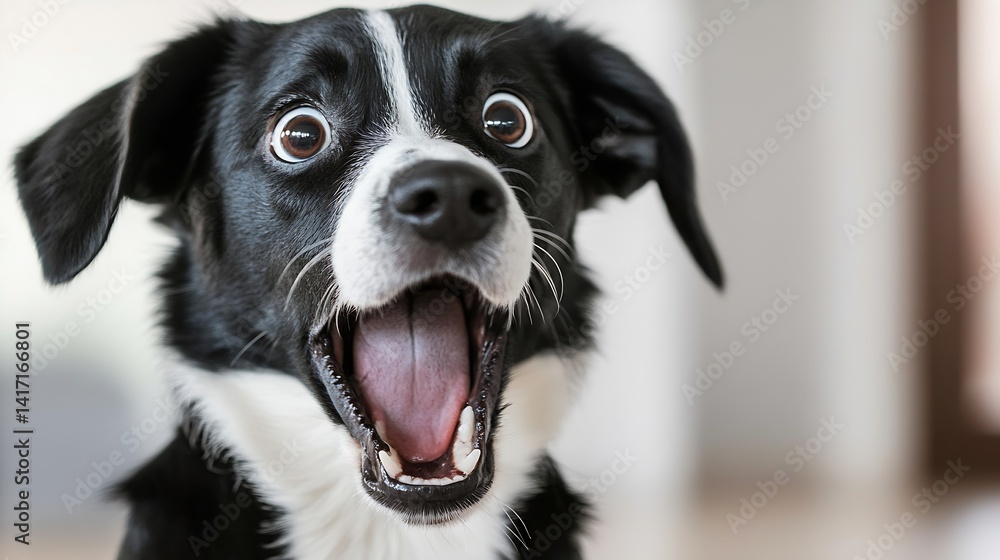 Aufkleber Excited Black and White Dog with Open Mouth and Playful Expression in Indoor Setting : Generative AI