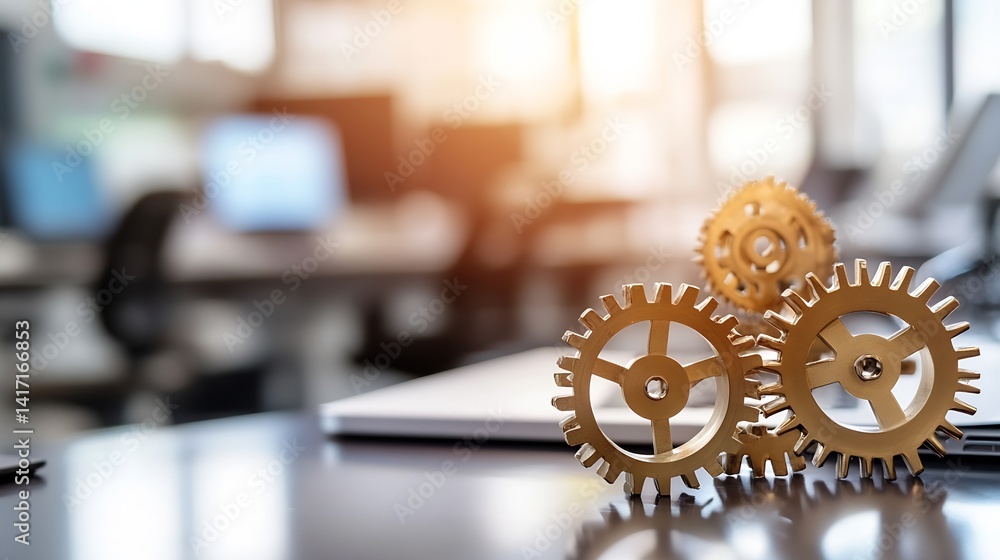 Poster Golden Gears on the Table for Business and Innovation Concepts in Modern Office : Generative AI