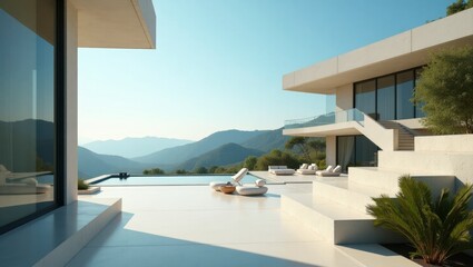 Fototapeta premium Artistic and surreal cinematic image of a beautiful house set against a bright blue sky and lush green landscape