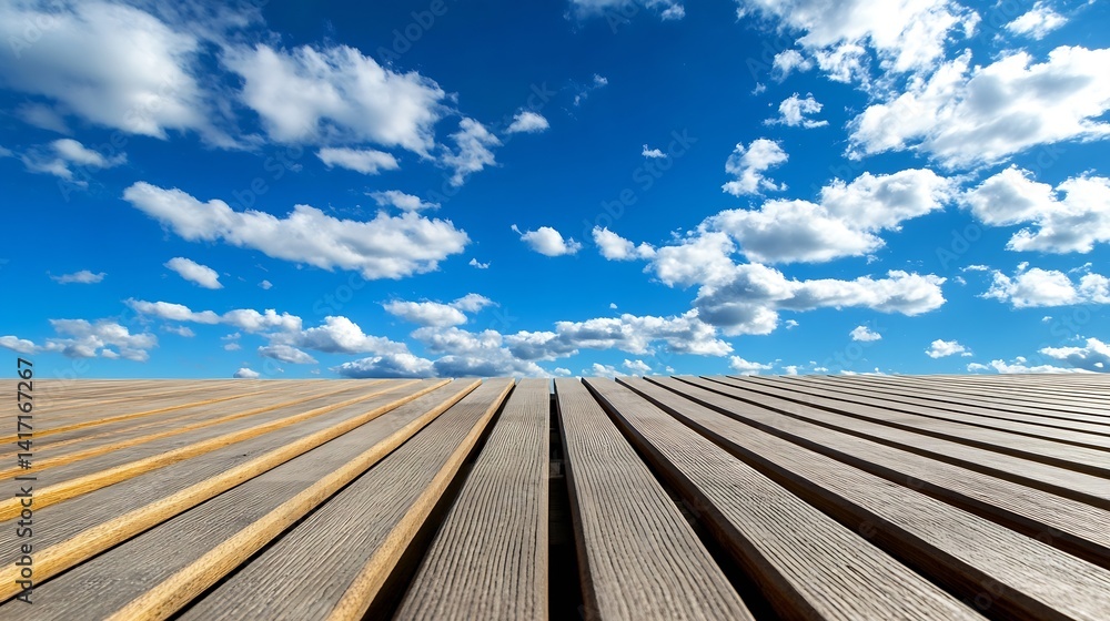 Poster vibrant perspective view of wooden planks against a bright blue sky with fluffy clouds in daylight :