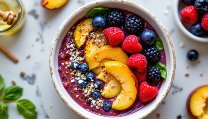 An indulgent bowl of blended mixed berries, spinach, and avocado, garnished with sliced peaches, raspberries, blackberries, and a drizzle of honey for a touch of sweetness.