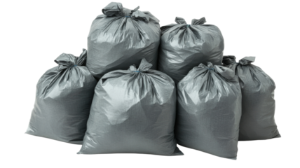 Full gray garbage bags piling up on transparent background