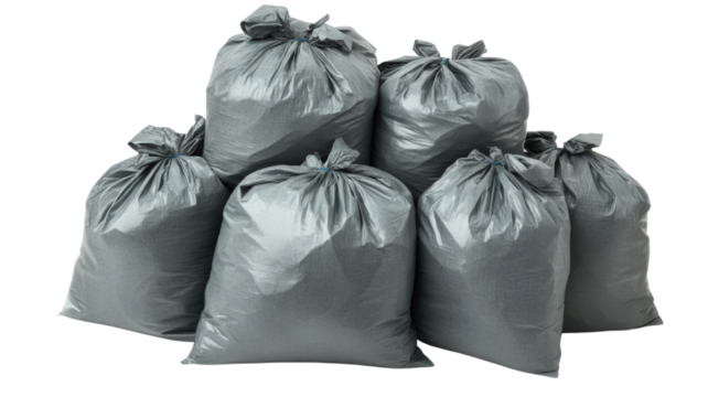 Full gray garbage bags piling up on transparent background