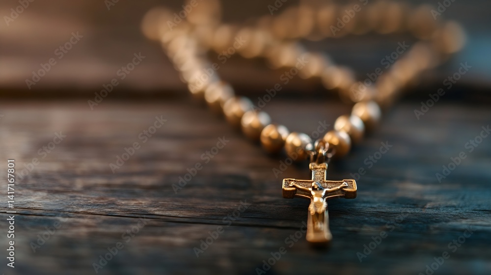 Poster close-up of wooden rosary beads with cross on rustic table beautiful faith symbol : generative ai