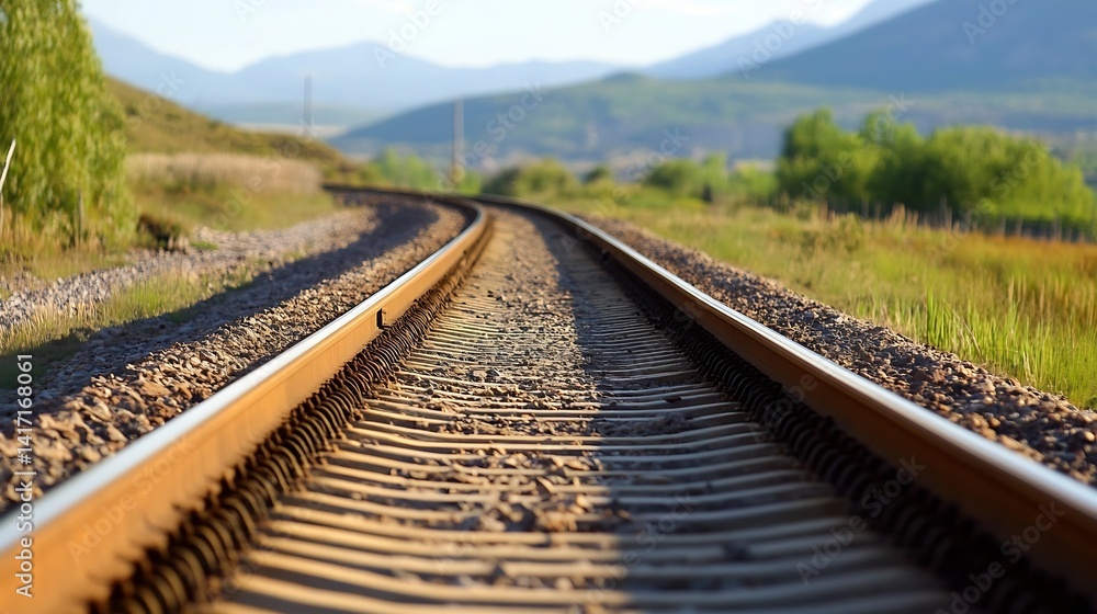 Poster scenic view of train tracks curving into the distance surrounded by nature : generative ai