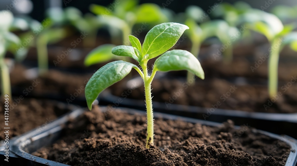 Poster sprouting plant emerging from soil in greenhouse environment with focus on growth : generative ai