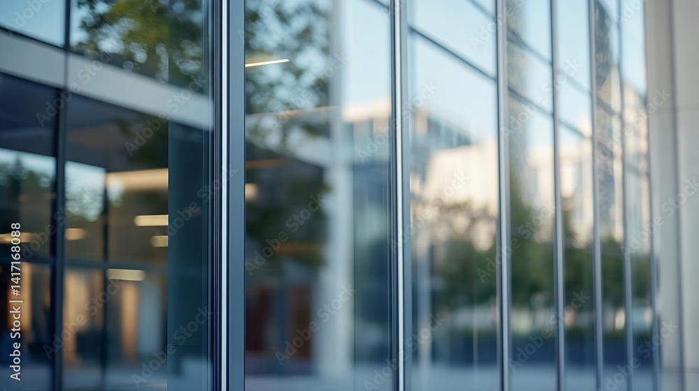 Aufkleber Blurred Reflection of Modern Glass Building with Clear Windows and Nature Views : Generative AI