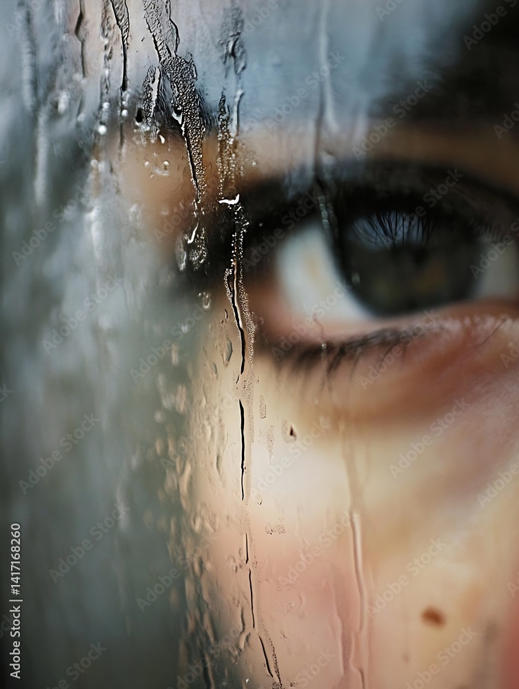 Poster close-up of a person's eye behind a rain-soaked glass with blurred face in the background : generati