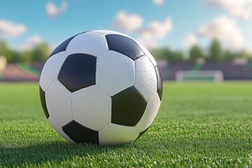 Classic Black and White Soccer Ball on Lush Green Field, a Perfect Day for the Big Game