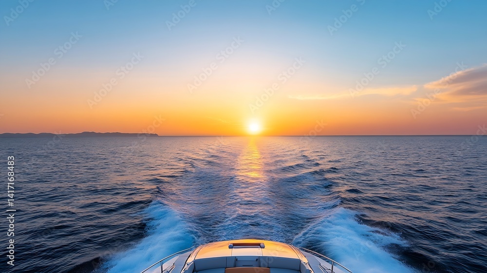 Poster breathtaking sunset view from a boat on the calm ocean waters with stunning colors reflecting on the