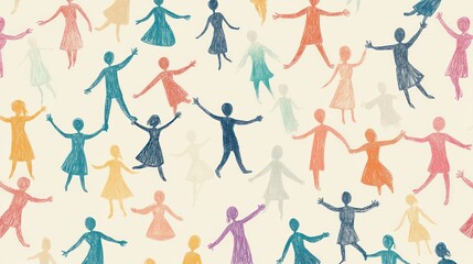 Colorful sketched figures joyfully dancing and celebrating together.