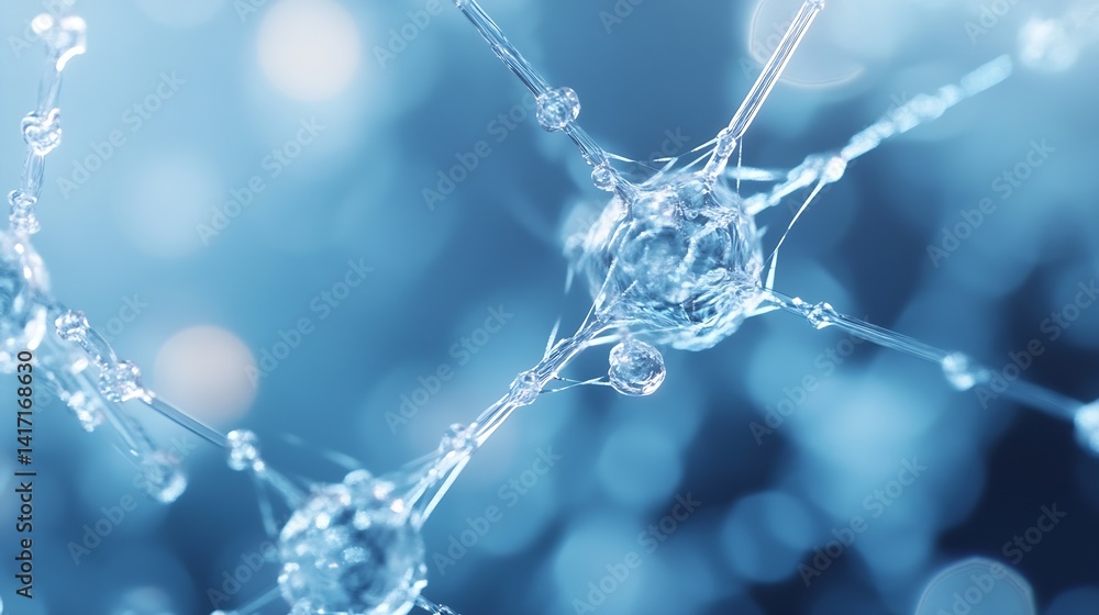 Poster Abstract representation of molecular structures with bright particles glowing in blue background : Generative AI