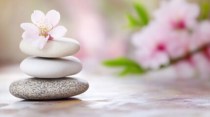 Calm Balanced Zen Stones with Cherry Blossom for Relaxation and Meditation : Generative AI