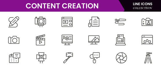 Set Content Creator line web icon, media. Linear icon collection. Vector illustration web line icon collection