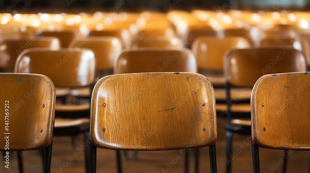 Aufkleber Rows of Vintage Wooden Chairs in Empty Classroom Setting Ready for Learning : Generative AI