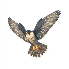 Peregrine falcon with open wings in flight, full view, isolated on white background