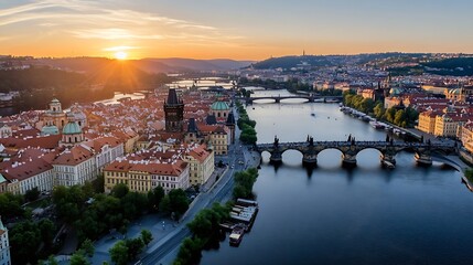 Fototapeta premium A breathtaking aerial view of Prague Cityscape at sunset with the Vltava River : Generative AI