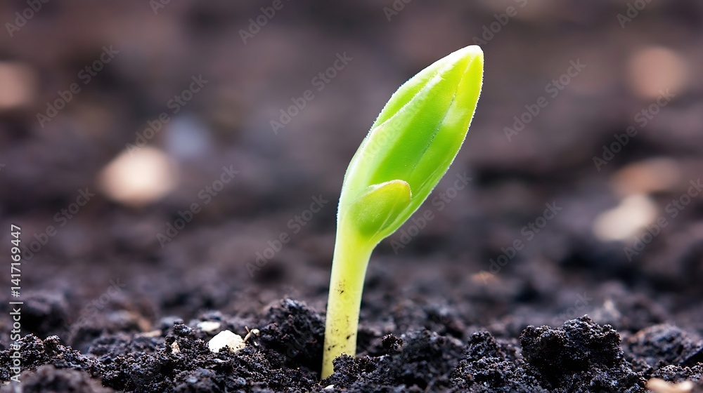 Poster close up of fresh green seedling emerging from dark soil in early growth stage : generative ai