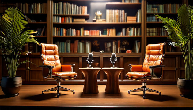 Warm and intellectual podcast scene featuring leather chairs, microphones, wooden tables, and tall bookshelves in a cozy library setting  
