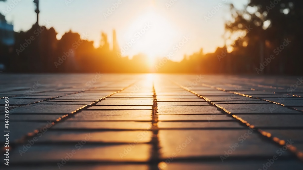 Leinwandbilder stunning sunset over cobblestone pathway creating a serene atmosphere for evening strolls : generati