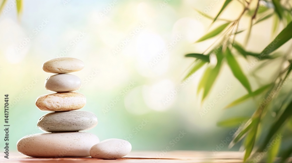Poster a serene stack of white stones on a natural surface with lush bamboo background : generative ai