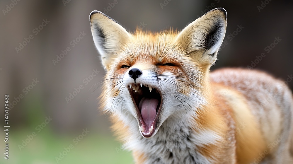 Poster a close-up of a beautiful red fox yawning in nature capturing the essence of wildlife : generative a