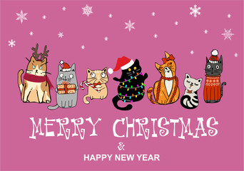 Merry Christmas and Happy New Year greeting card with cute adorable cats wearing Santa Hats, Ugly sweater, garland, holding gift box, candy cane. Vector holiday illustration with traditional congrats.