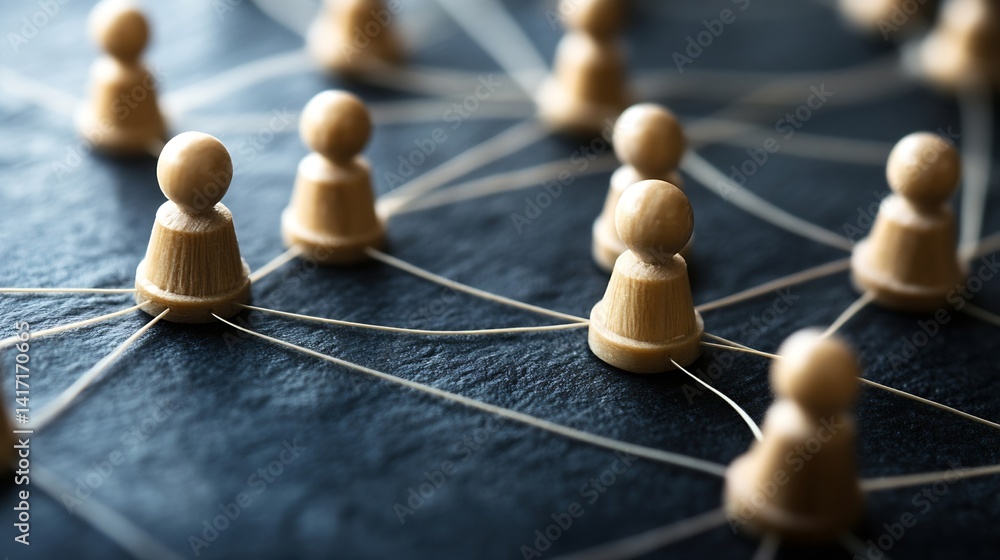 Aufkleber Wooden Game Pieces Connected by Strings Representing Networking Concept : Generative AI