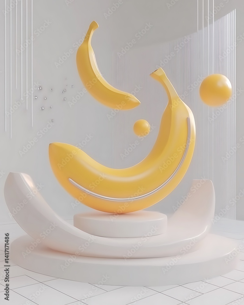 Poster abstract 3d rendering of yellow bananas in a minimalist white setting. bananas are positioned dynami