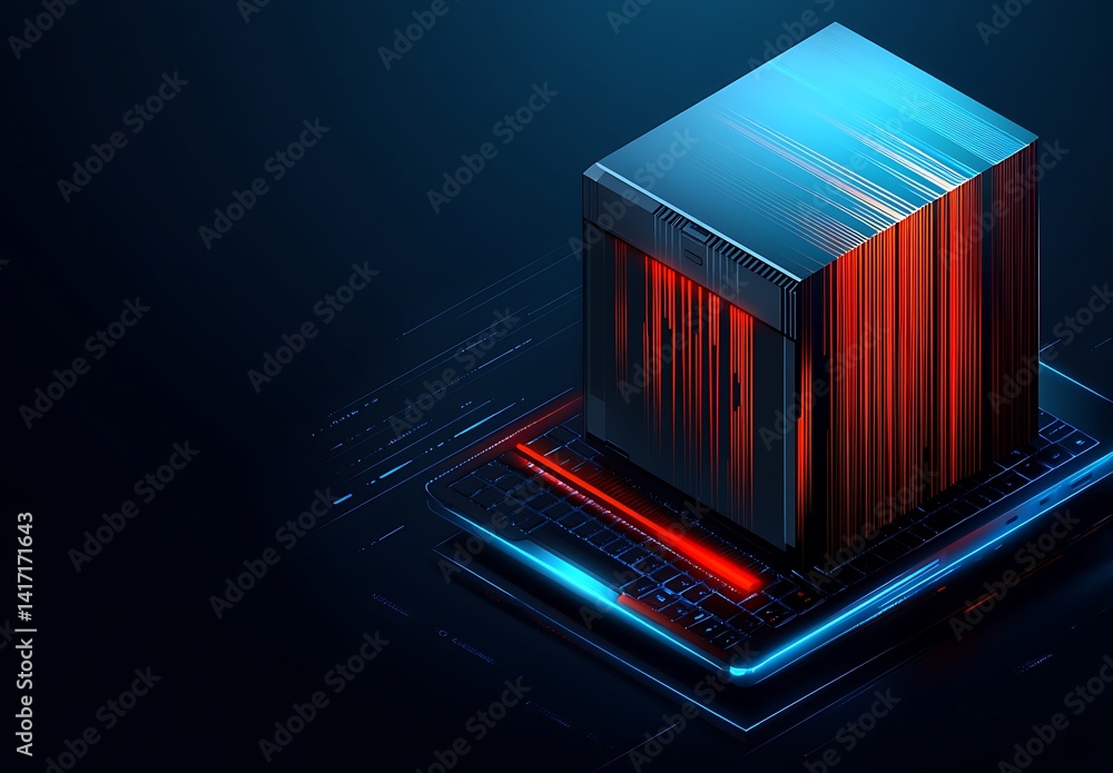Poster abstract digital cube with glowing lines and circuit board background. dark blue and black backgroun