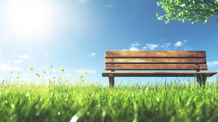 Wooden bench in sunny meadow with wildflowers and tree.