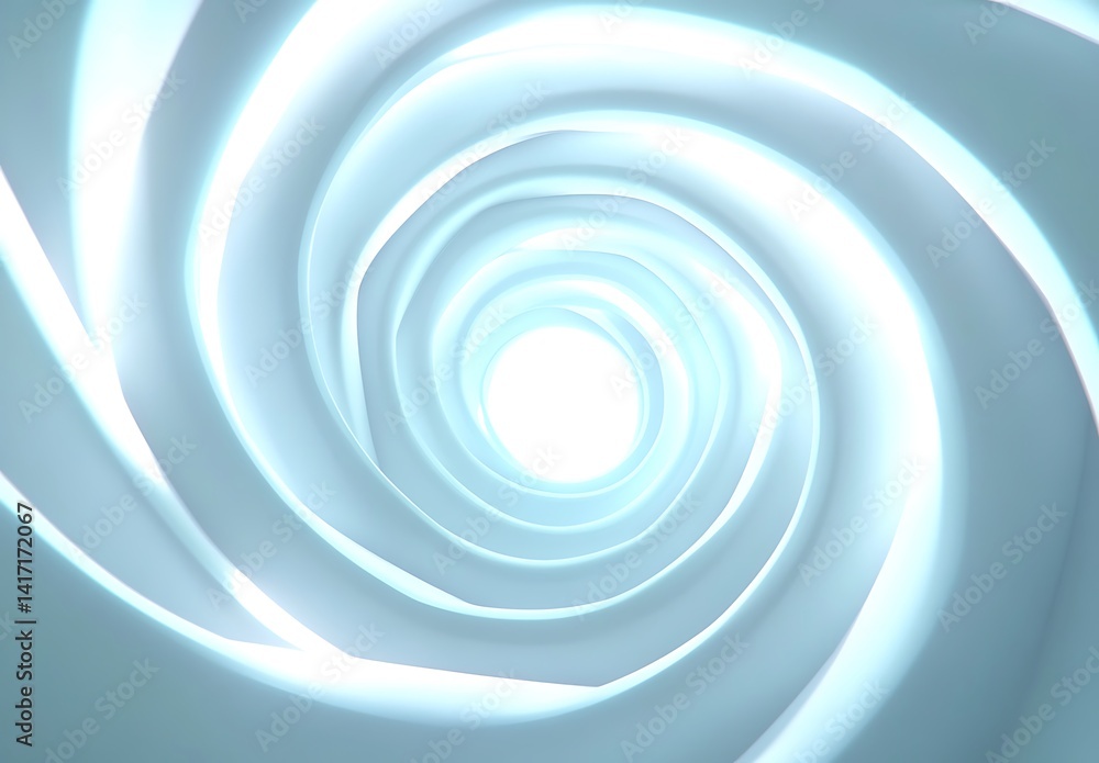 Poster abstract swirling light blue and white spiral tunnel leading to bright center, digitally generated i