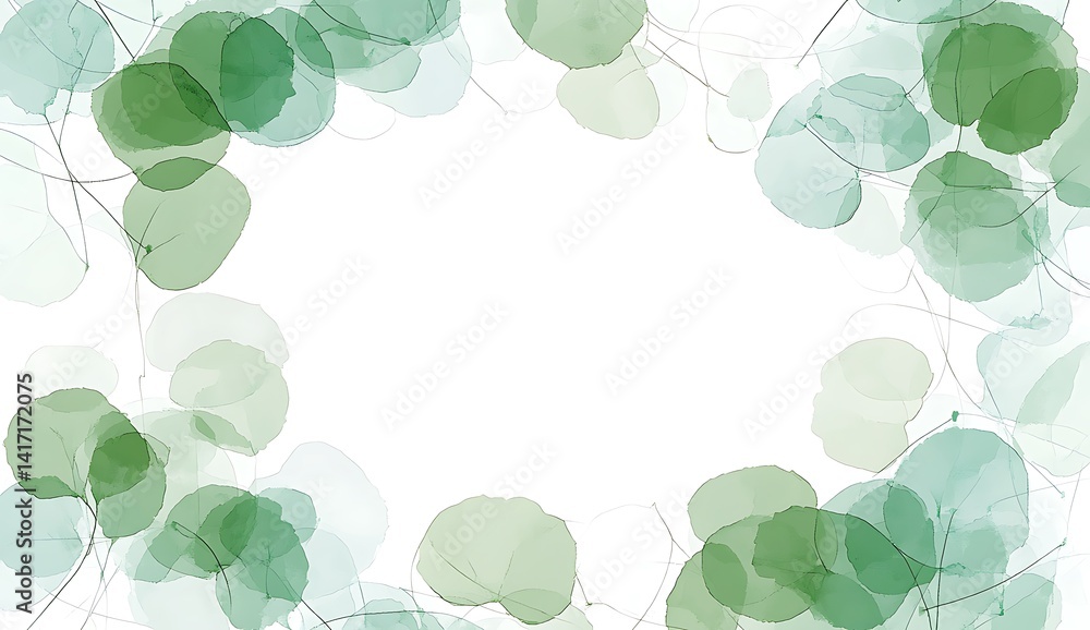 Poster abstract background with a frame of various shades of green watercolor circles on a white background