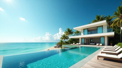 Fototapeta premium Stunning luxury house with a beautiful pool set amidst lush greenery in a surreal cinematic vibrant environment